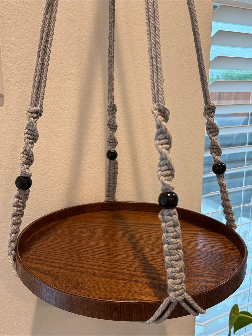 Macrame Plant Hanger with 12” Wood Shelf Indoor Light Gray New Home Decor - Picture 8 of 12
